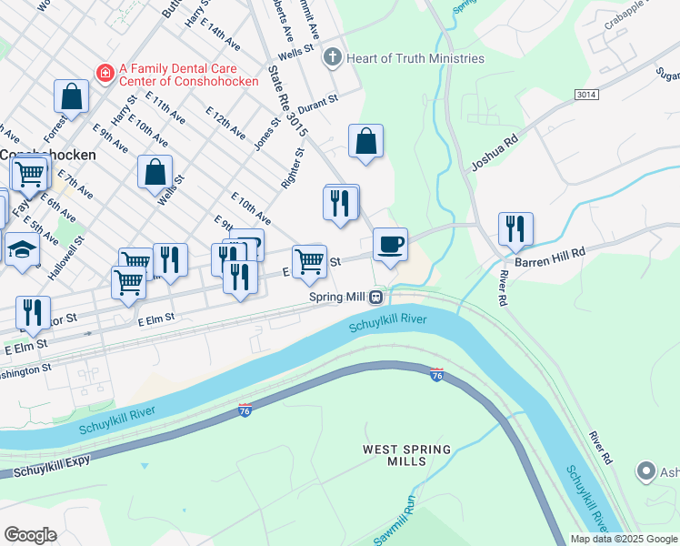 map of restaurants, bars, coffee shops, grocery stores, and more near 1101 East Hector Street in Conshohocken