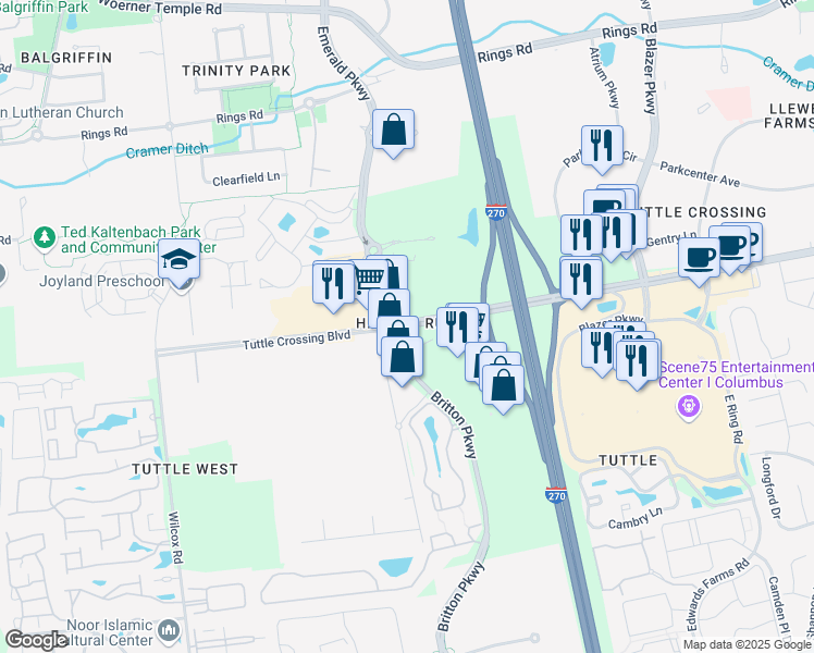 map of restaurants, bars, coffee shops, grocery stores, and more near 6060 Britton Parkway in Dublin