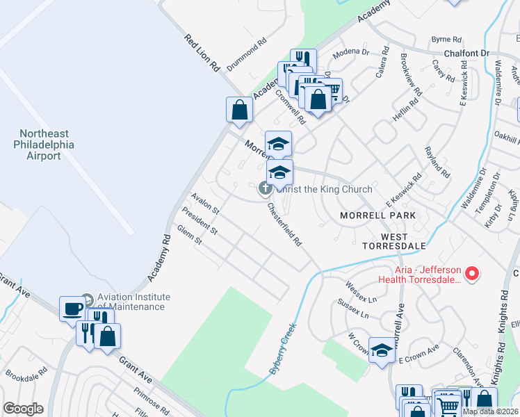 map of restaurants, bars, coffee shops, grocery stores, and more near 9927 South Canterbury Road in Philadelphia