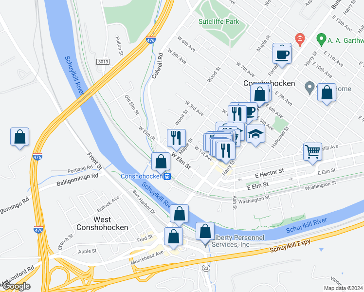 map of restaurants, bars, coffee shops, grocery stores, and more near 32 Maple Street in Conshohocken