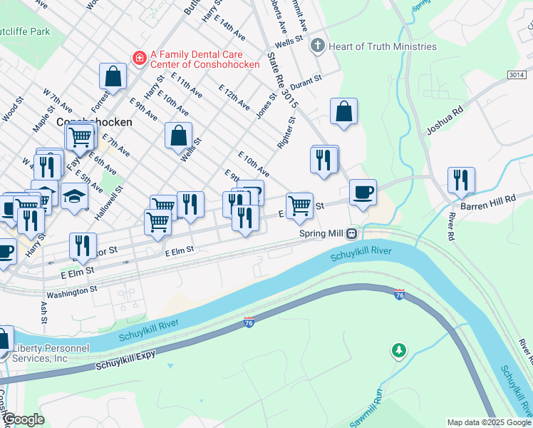map of restaurants, bars, coffee shops, grocery stores, and more near 902 East Hector Street in Conshohocken