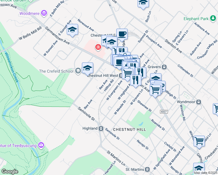 map of restaurants, bars, coffee shops, grocery stores, and more near 112 Hilltop Road in Philadelphia