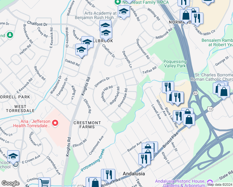 map of restaurants, bars, coffee shops, grocery stores, and more near 148 Ridgefield Road in Philadelphia