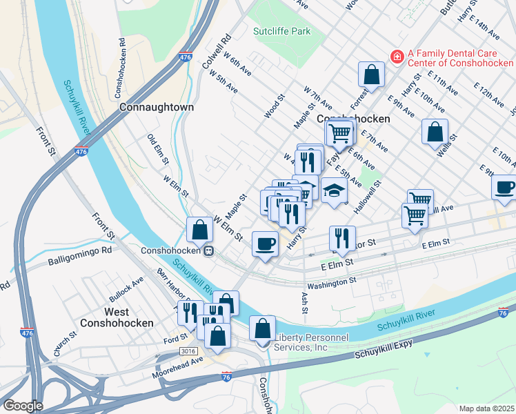 map of restaurants, bars, coffee shops, grocery stores, and more near 128 West 1st Avenue in Conshohocken