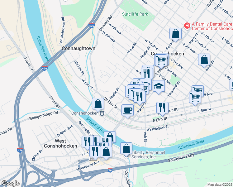 map of restaurants, bars, coffee shops, grocery stores, and more near 75 Maple Street in Conshohocken