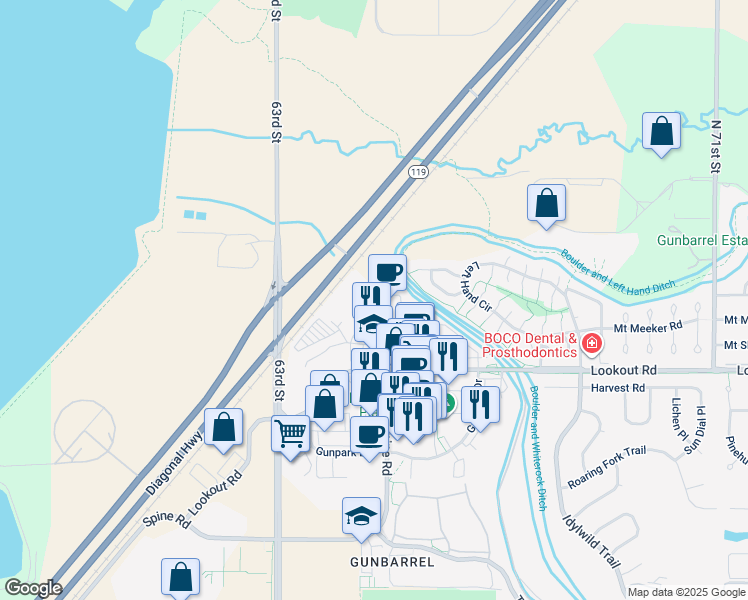 map of restaurants, bars, coffee shops, grocery stores, and more near 5563 Spine Road in Boulder