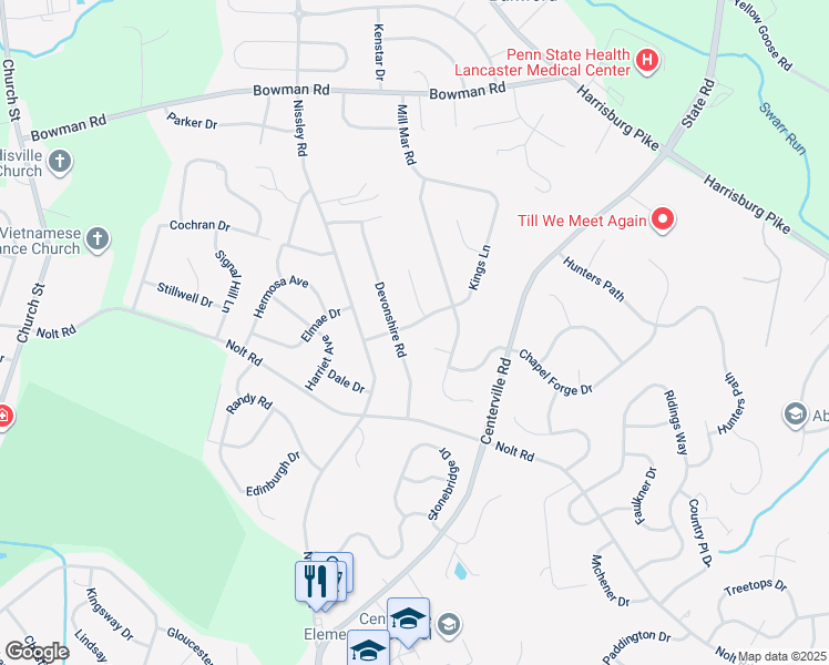 map of restaurants, bars, coffee shops, grocery stores, and more near 3076 Kings Lane in Lancaster