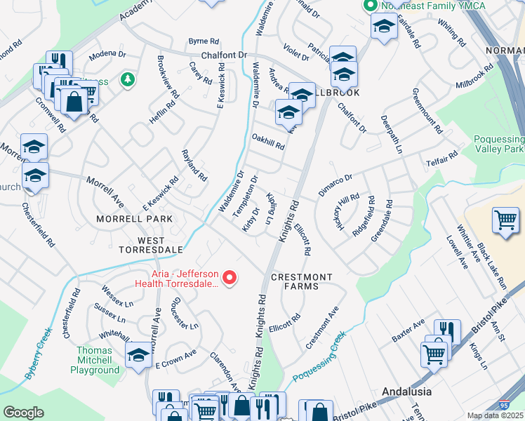 map of restaurants, bars, coffee shops, grocery stores, and more near 10933 Kirby Drive in Philadelphia