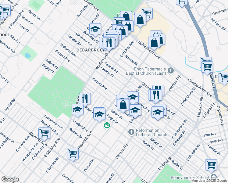 map of restaurants, bars, coffee shops, grocery stores, and more near 8217 Forrest Avenue in Philadelphia