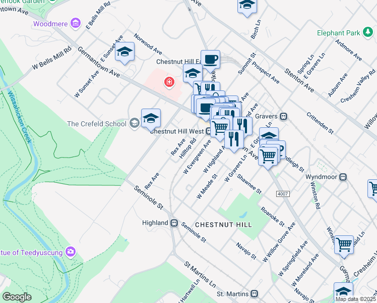 map of restaurants, bars, coffee shops, grocery stores, and more near 112 Hilltop Road in Philadelphia