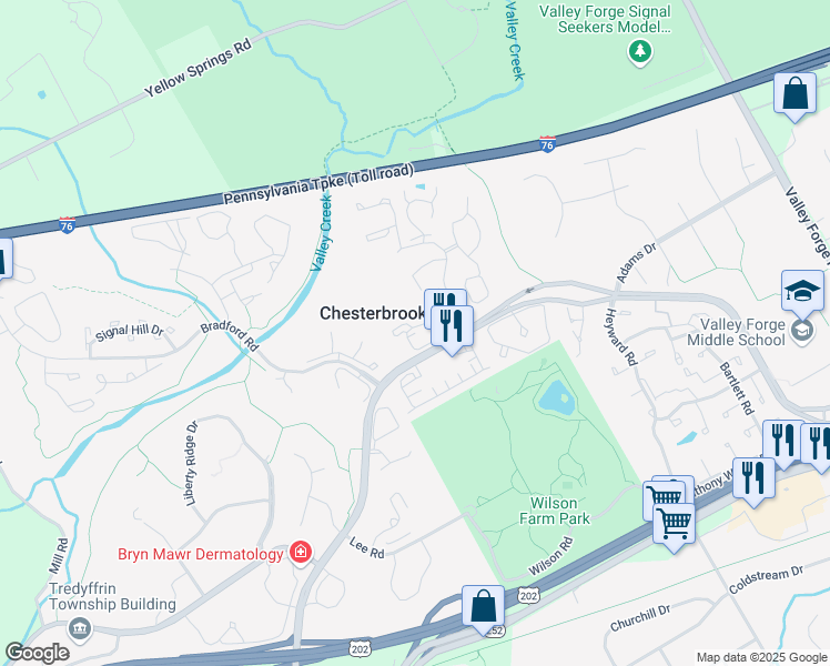 map of restaurants, bars, coffee shops, grocery stores, and more near 1010 Mountainview Drive in Chesterbrook