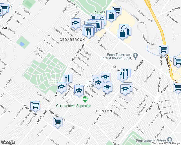 map of restaurants, bars, coffee shops, grocery stores, and more near 8217 Forrest Avenue in Philadelphia