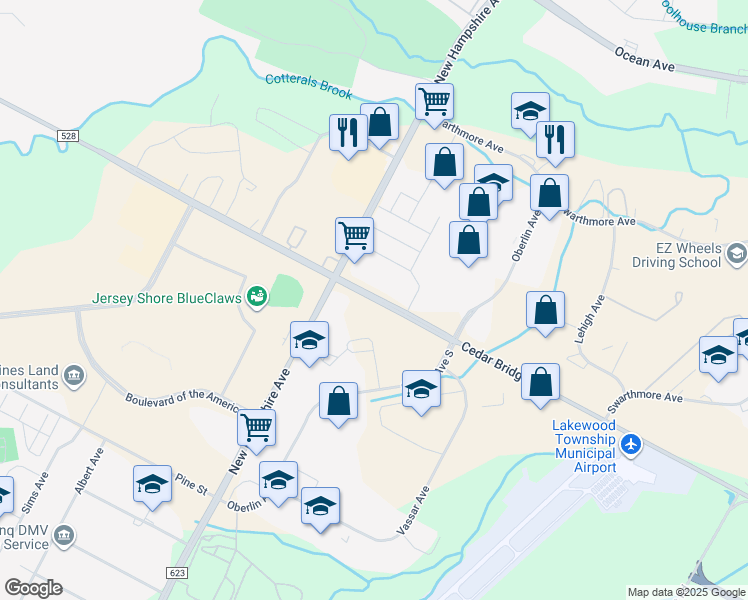 map of restaurants, bars, coffee shops, grocery stores, and more near Cedar Bridge Avenue in Ocean County
