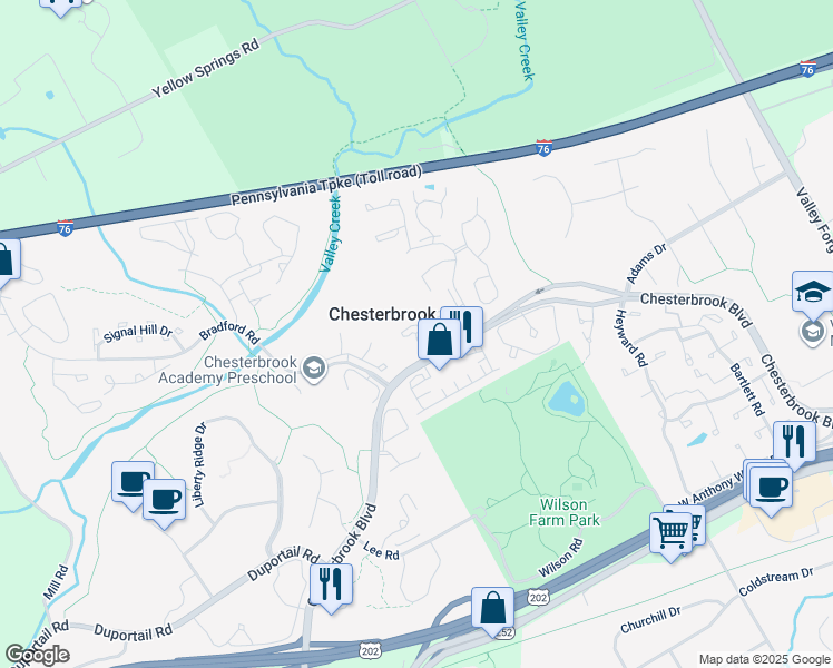 map of restaurants, bars, coffee shops, grocery stores, and more near 204 Mountainview Drive in Chesterbrook