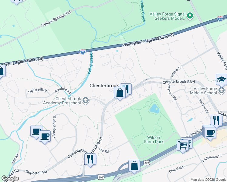 map of restaurants, bars, coffee shops, grocery stores, and more near 1010 Mountainview Drive in Chesterbrook