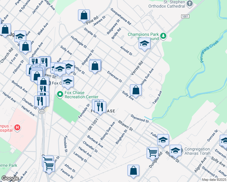 map of restaurants, bars, coffee shops, grocery stores, and more near 8118 Verree Road in Philadelphia