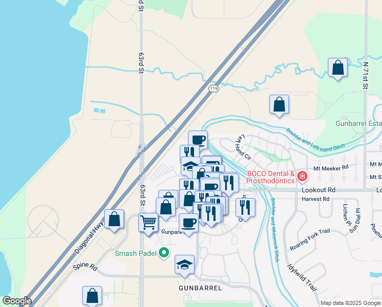 map of restaurants, bars, coffee shops, grocery stores, and more near 5581 Spine Road in Boulder