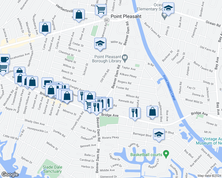 map of restaurants, bars, coffee shops, grocery stores, and more near 1103 Beaver Dam Road in Point Pleasant