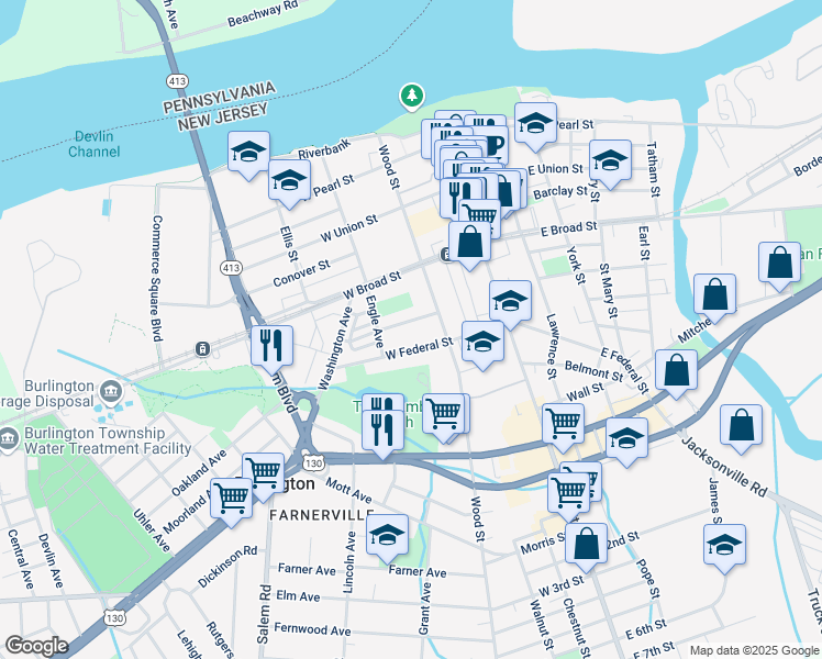 map of restaurants, bars, coffee shops, grocery stores, and more near 103 Juniper Street in Burlington