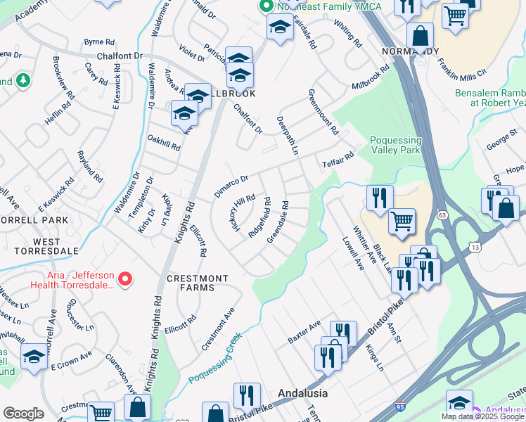 map of restaurants, bars, coffee shops, grocery stores, and more near 148 Ridgefield Road in Philadelphia