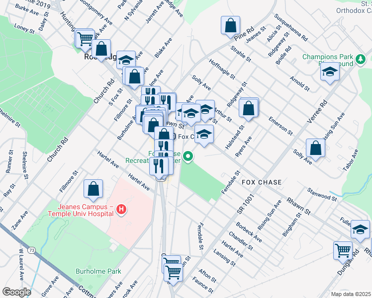map of restaurants, bars, coffee shops, grocery stores, and more near 7905 Rockwell Avenue in Philadelphia