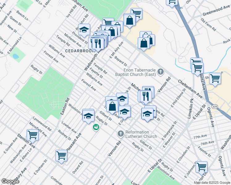 map of restaurants, bars, coffee shops, grocery stores, and more near 8132 Fayette Street in Philadelphia