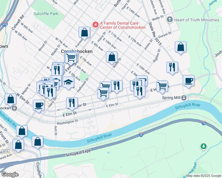 map of restaurants, bars, coffee shops, grocery stores, and more near 342 East 6th Avenue in Conshohocken