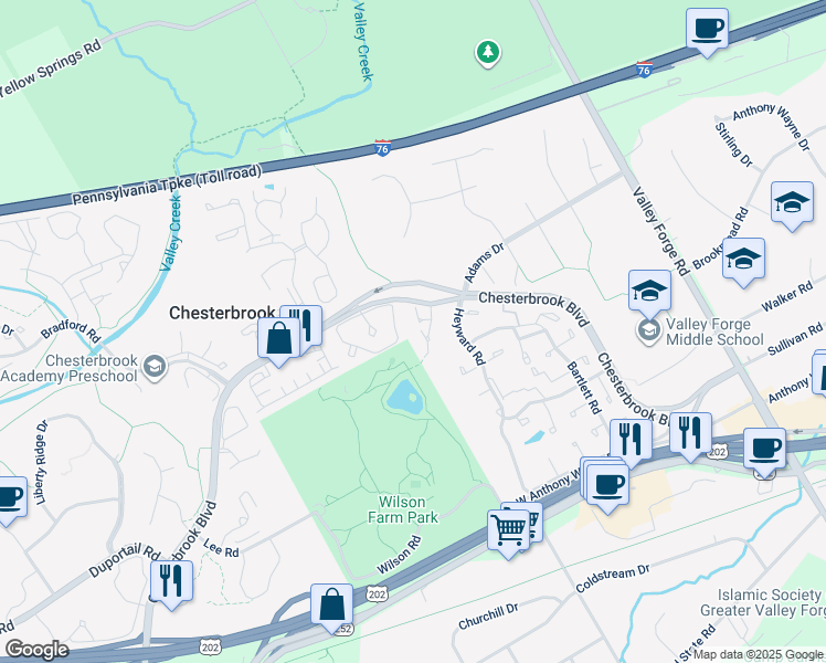 map of restaurants, bars, coffee shops, grocery stores, and more near 58 Elan Lane in Chesterbrook