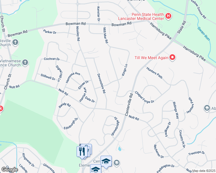 map of restaurants, bars, coffee shops, grocery stores, and more near 3076 Kings Lane in Lancaster