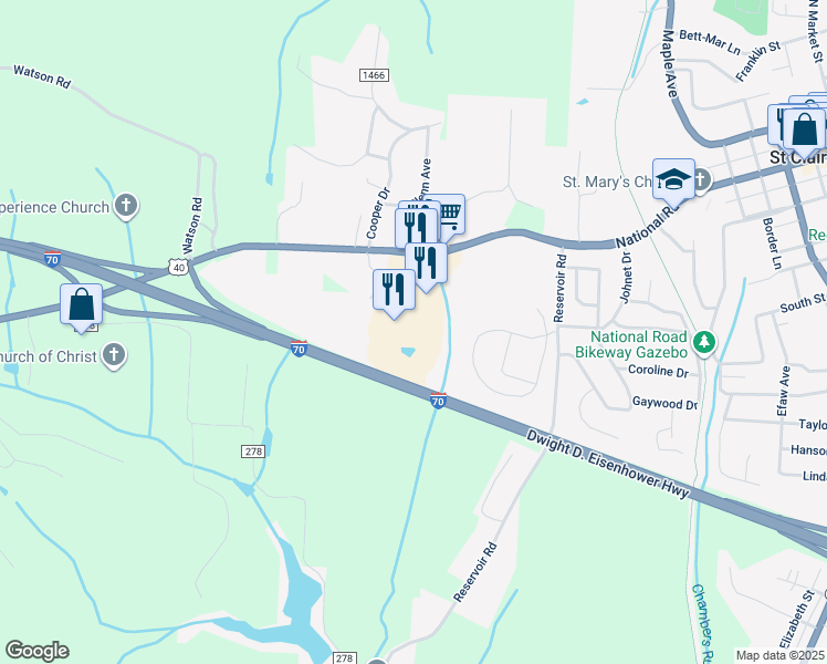 map of restaurants, bars, coffee shops, grocery stores, and more near 107 Plaza Drive in Saint Clairsville