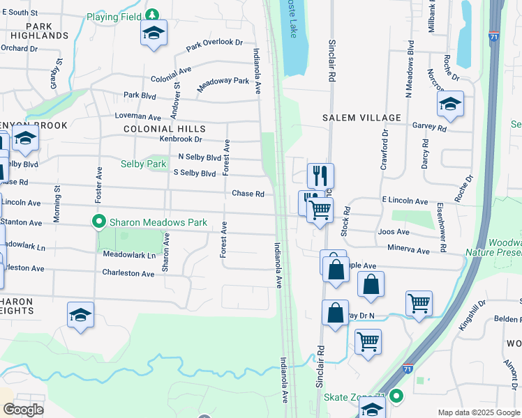 map of restaurants, bars, coffee shops, grocery stores, and more near 595 Chase Road in Columbus