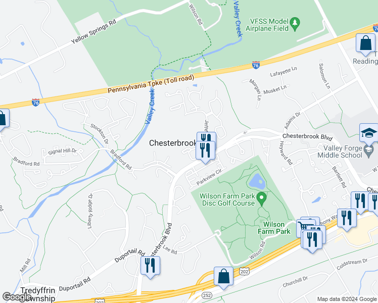 map of restaurants, bars, coffee shops, grocery stores, and more near 506 Mountainview Drive in Chesterbrook