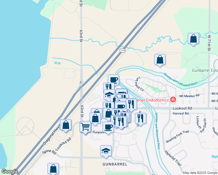 map of restaurants, bars, coffee shops, grocery stores, and more near 5563 Spine Road in Boulder