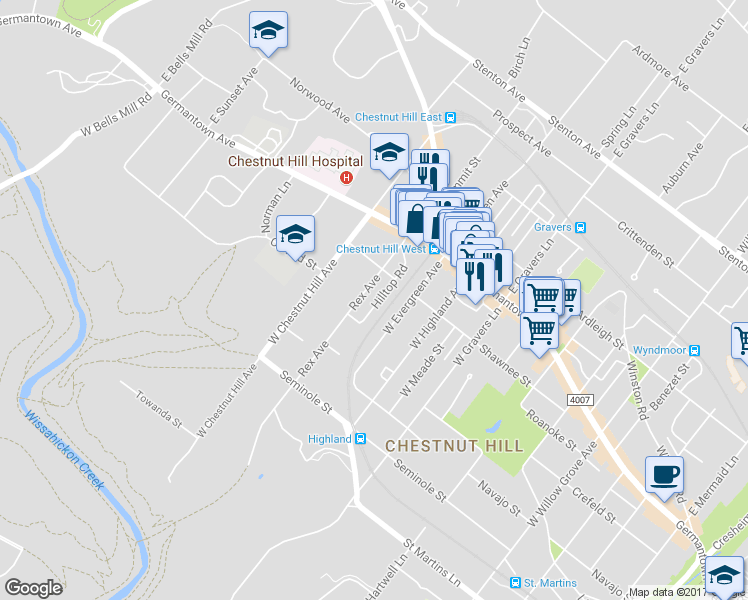 map of restaurants, bars, coffee shops, grocery stores, and more near 115 Hilltop Road in Philadelphia