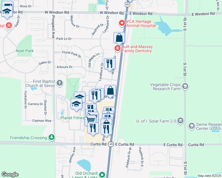 map of restaurants, bars, coffee shops, grocery stores, and more near 100 Burwash Avenue in Savoy
