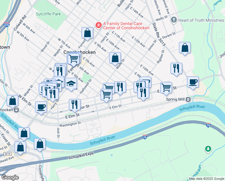map of restaurants, bars, coffee shops, grocery stores, and more near 342 East 6th Avenue in Conshohocken