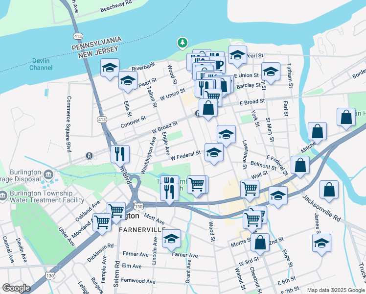 map of restaurants, bars, coffee shops, grocery stores, and more near 103 Juniper Street in Burlington