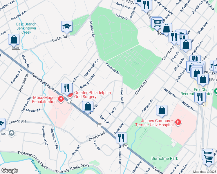 map of restaurants, bars, coffee shops, grocery stores, and more near 257 Perry Street in Jenkintown