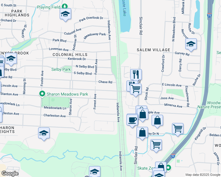 map of restaurants, bars, coffee shops, grocery stores, and more near 595 Chase Road in Columbus
