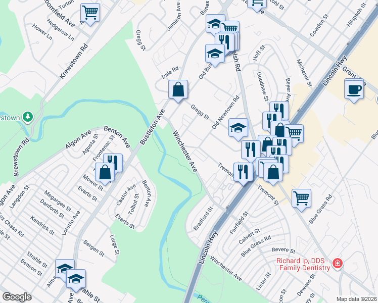map of restaurants, bars, coffee shops, grocery stores, and more near 2005 Winchester Avenue in Philadelphia