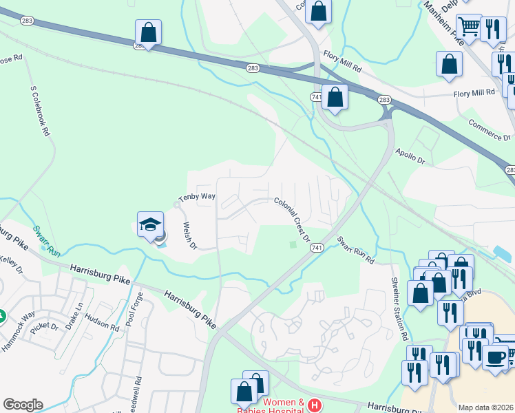 map of restaurants, bars, coffee shops, grocery stores, and more near 36 Colonial Crest Drive in Lancaster