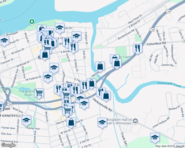 map of restaurants, bars, coffee shops, grocery stores, and more near 417 Mitchell Avenue in Burlington