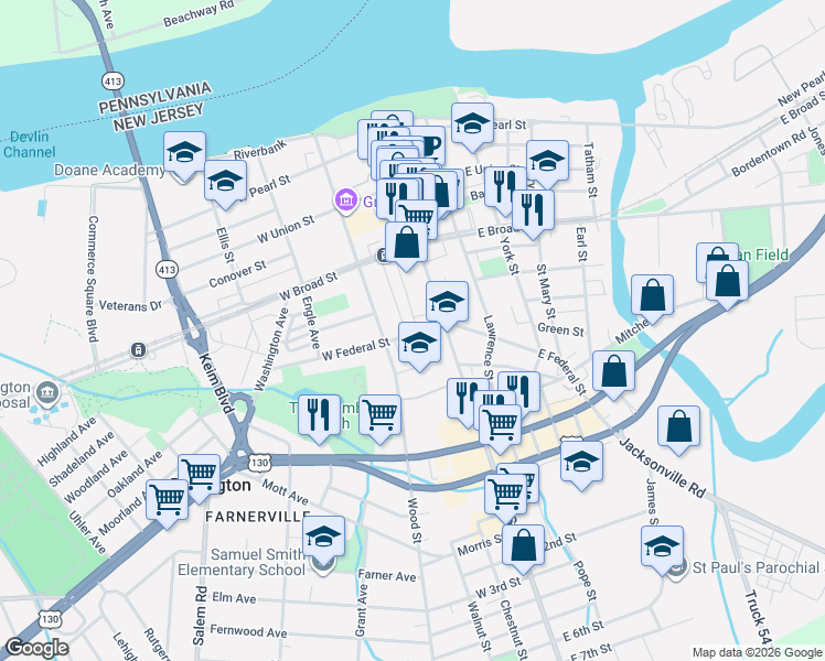 map of restaurants, bars, coffee shops, grocery stores, and more near 462 Locust Avenue in Burlington