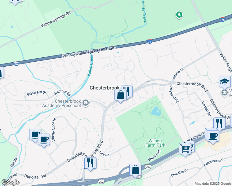 map of restaurants, bars, coffee shops, grocery stores, and more near 805 Mountainview Drive in Chesterbrook