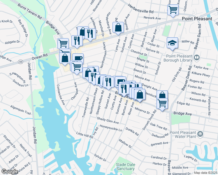 map of restaurants, bars, coffee shops, grocery stores, and more near 1016 Sunset Avenue in Point Pleasant