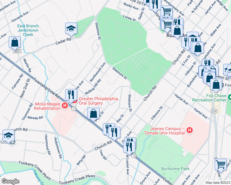 map of restaurants, bars, coffee shops, grocery stores, and more near 257 Perry Street in Jenkintown