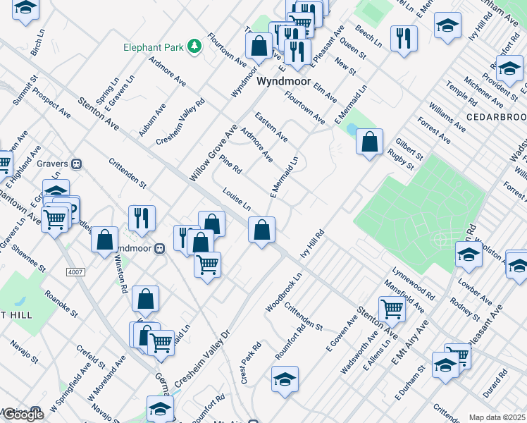 map of restaurants, bars, coffee shops, grocery stores, and more near 509 East Mermaid Lane in Wyndmoor