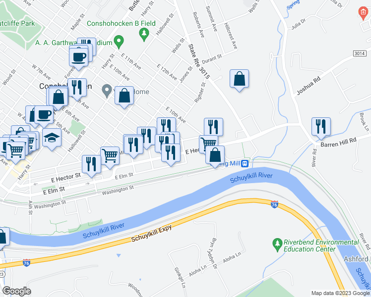 map of restaurants, bars, coffee shops, grocery stores, and more near 902 East Hector Street in Conshohocken