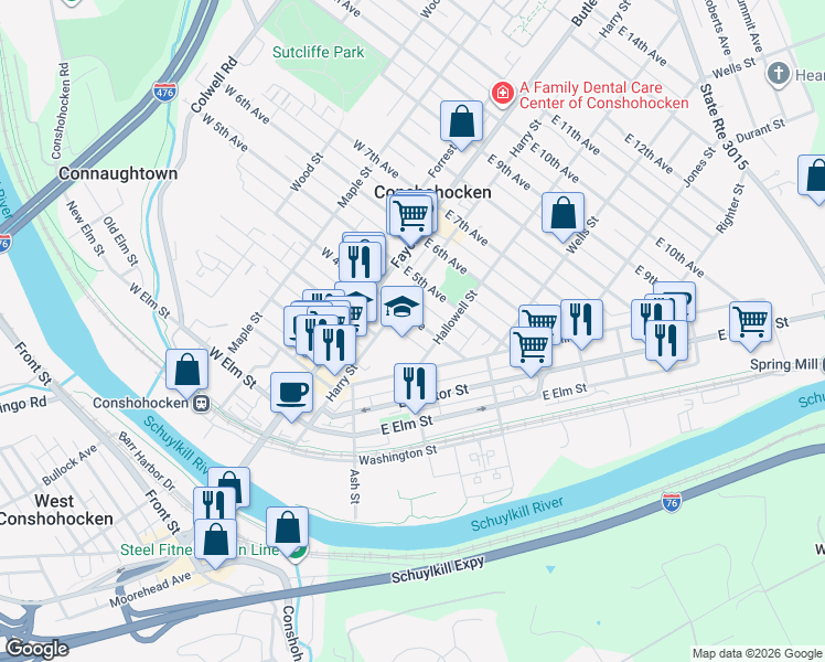 map of restaurants, bars, coffee shops, grocery stores, and more near 105 East 4th Avenue in Conshohocken