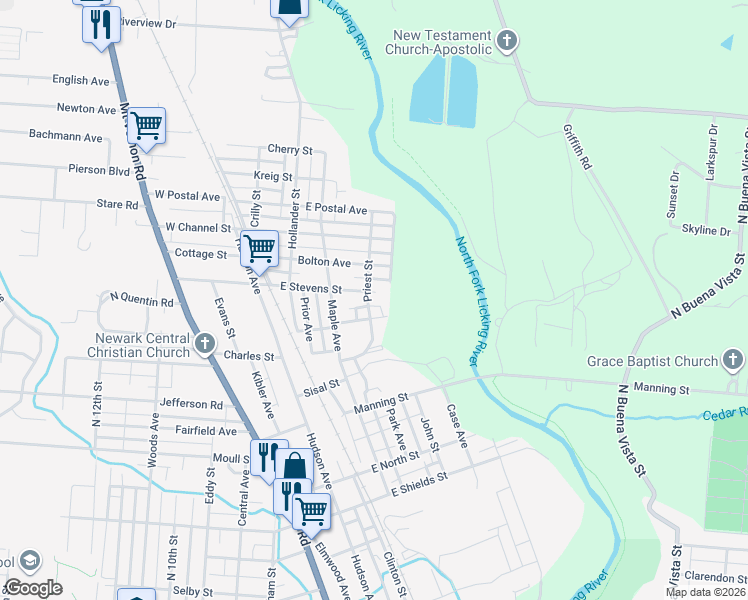 map of restaurants, bars, coffee shops, grocery stores, and more near 132 East Stevens Street in Newark